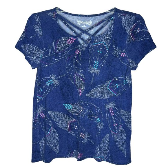 Mudd Women’s Relaxed Feathers Design Blouse Tee Blue Loose Fit Size 14 - Picture 2 of 6